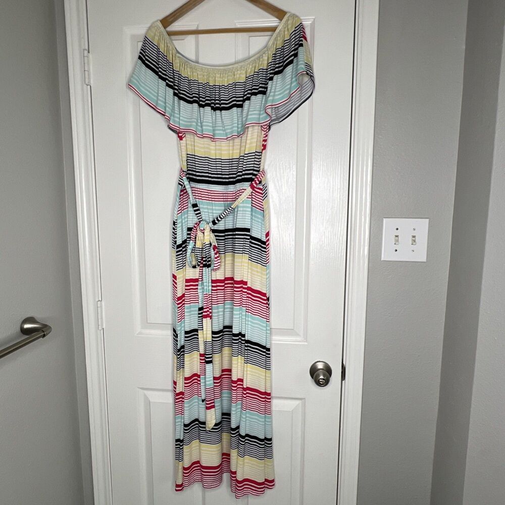 Lane Bryant Stripe Off The Shoulder Maxi Dress Womens Size 18/20 Belt Pockets